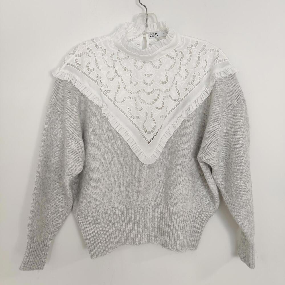 Zara Women's Lace Yoke Sweater Size Medium Bohemian Quiet Luxury Old Money